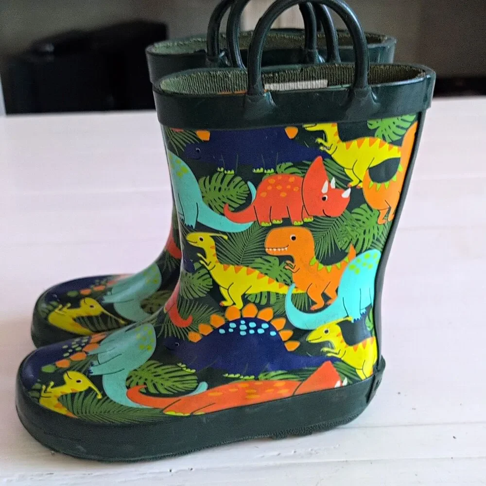 LandChief Dinosaur Rain Boots Kid Size 10 Dino World Green Waterproof Pull On 10